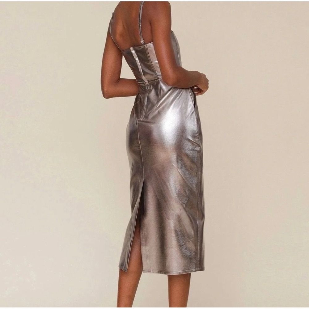Avec Les Filles Metallic Faux Leather Midi Dress SilverBronze Square Neck Size 4 - Picture 2 of 11
